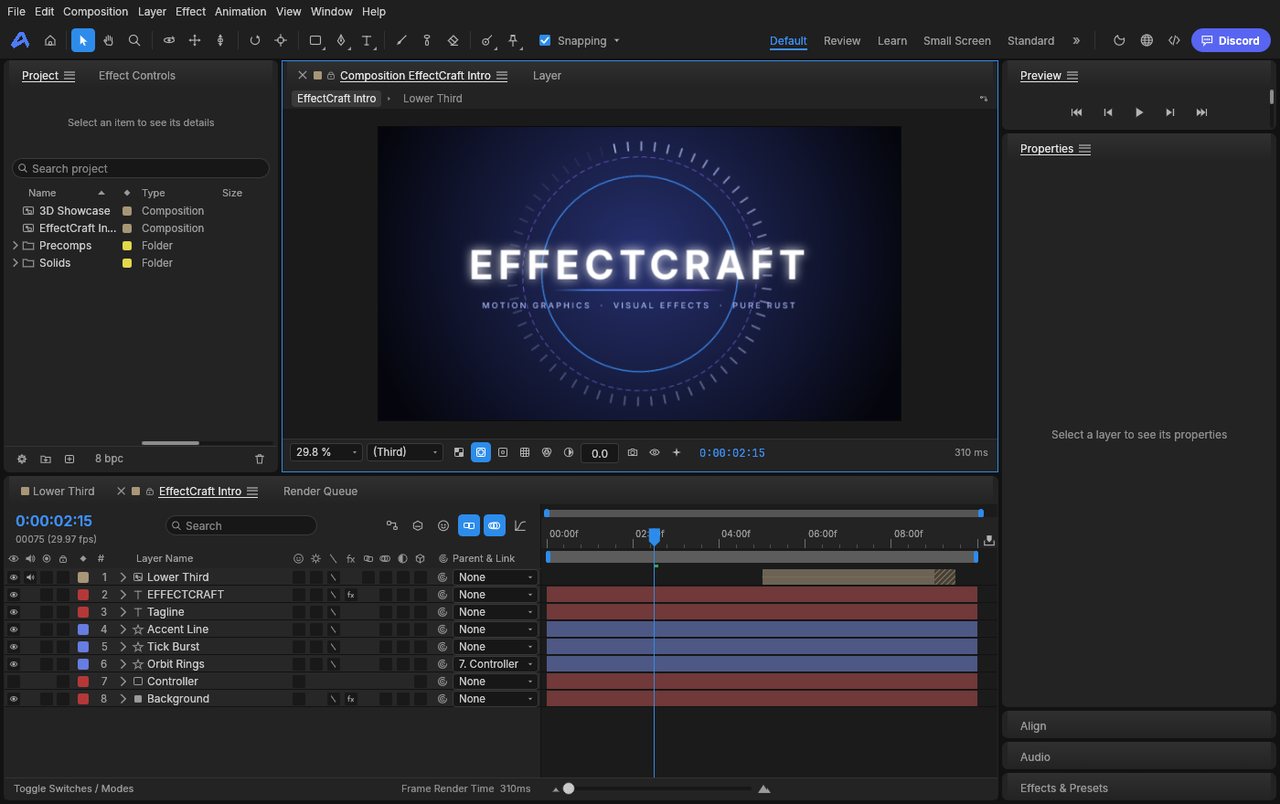 EffectCraft Web 版界面：中间预览窗显示 EffectCraft 标志动画，左侧项目与 Effects 预设面板，下方图层列表与带关键帧的时间轴，右侧 Render queue 面板