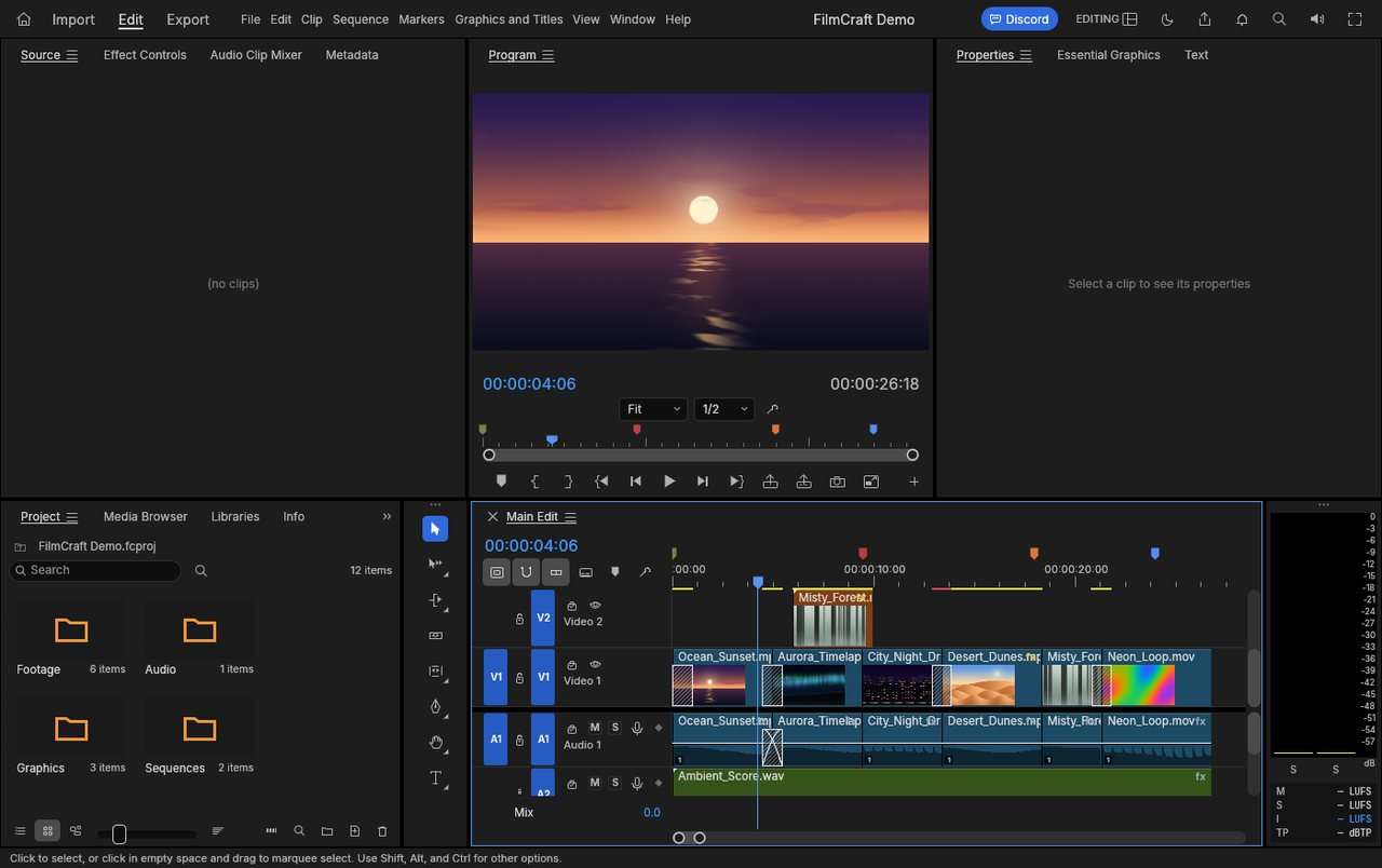 FilmCraft Web 版界面:左上 Media Pool 素材池、左中 Effects Library、中间双监视器显示日落素材与时间码 00:00:04:04、下方多轨时间轴含音频电平表