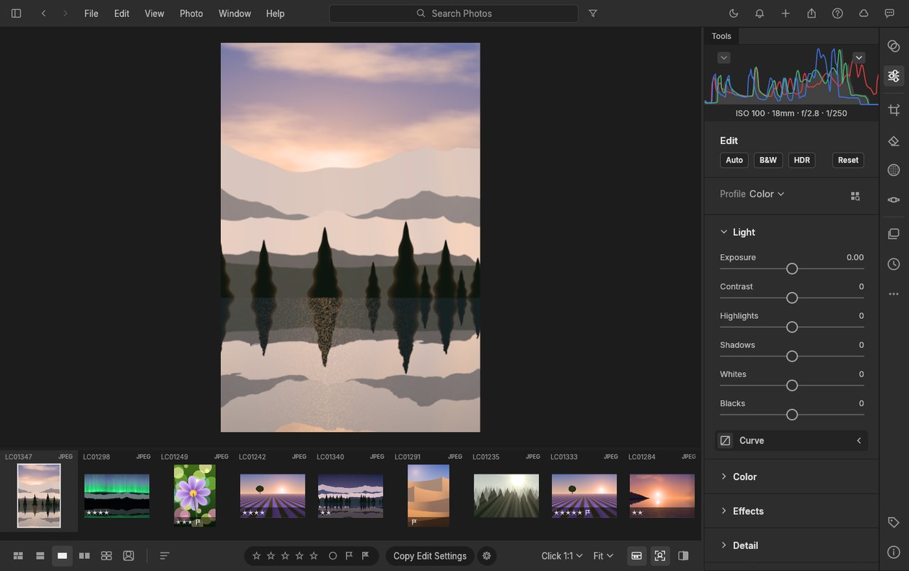 LightCraft Web 版界面：中间风光照片预览，右上 Histogram 直方图，右侧 Edit/Light/Color/Effects/Detail 调整面板与滑块，底部预设缩略图条与 Copy Edit Settings